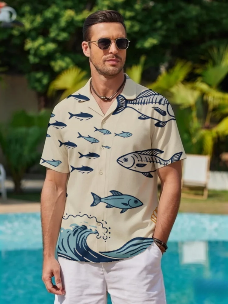 

Holiday Bohemian Fish Printed Shirts Casual Loose Cuban Collar Botton Down Funny Grapbh 2026 Summer Tunics TOPS
