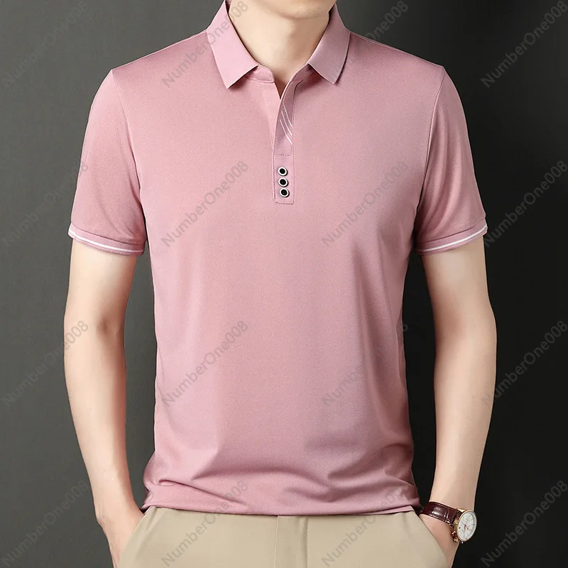 Summer New Short-sleeved T-shirt Men's Mid-green Casual Lapel Thin Men's Clothing Solid Color Polo Shirt Top