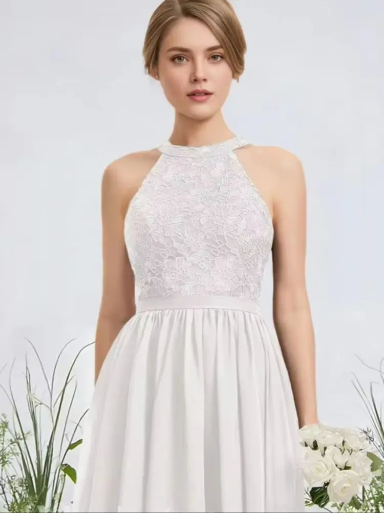 

WSA Women Bridesmaid Dresses For Wedding A-Line Scoop Knee-Length Lace Chiffon Party Dresses Formal Evening Cocktail Guest Dress