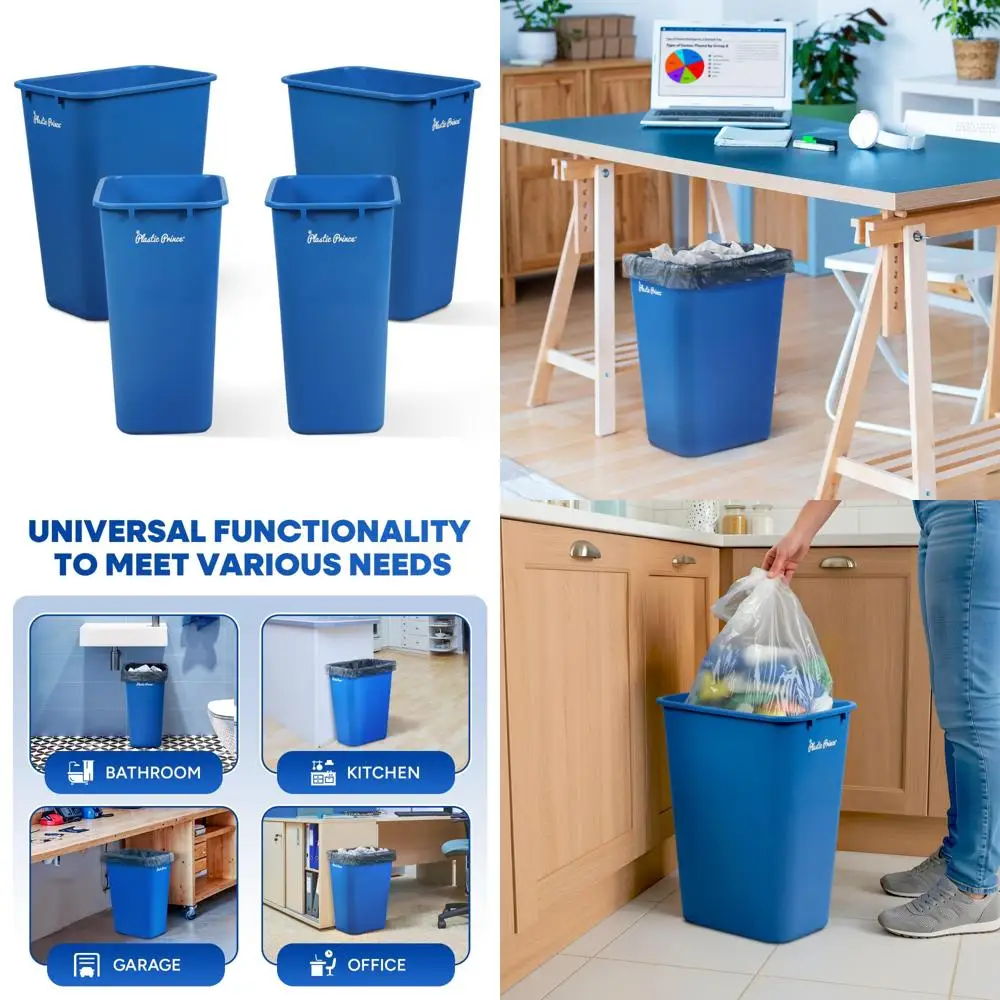 

Large 40-Quart Blue Plastic Recycle Bin - 10 Gallon Trash Can for Kitchen, Bathroom, Office Use, Under Desk or Cabinet Storage.