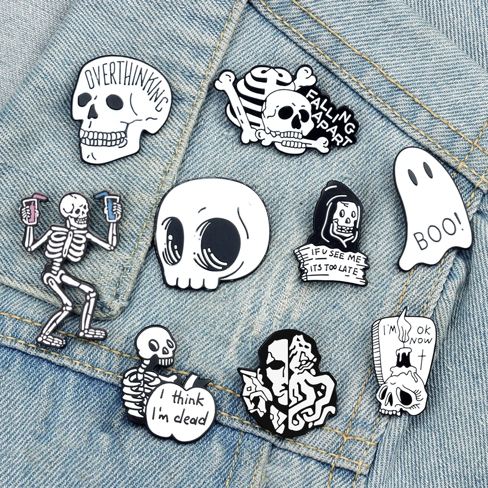 Black And White Skull Lapel Pins Punk Horror Skeleton Ghost BOO! Brooch Creative Bag Denim Enamel Badge Jewelry Gift for Friends