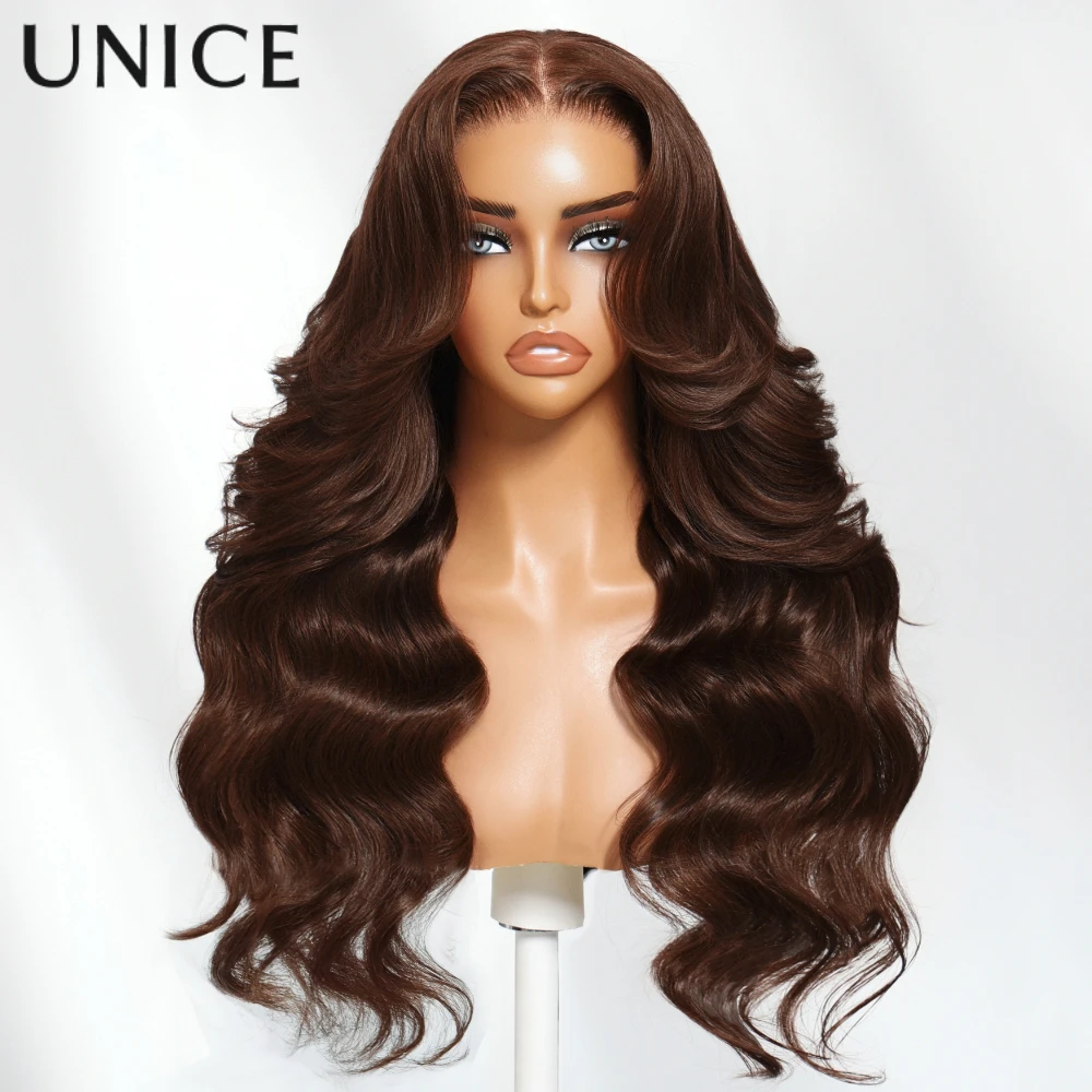 UNICE شعر الشوكولاته البني رقيق فضفاض موجة الستار الانفجارات شعر مستعار 13x4 قبل قطع قبل ابيض غلويليس شعر مستعار شعر الإنسان 150% الكثافة