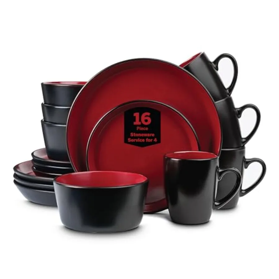 

Albie Stoneware 16 Piece Dinnerware Set Plates and Bowls Sets Dish Set for 4 Red and Black Microwave and Dishwasher Safe