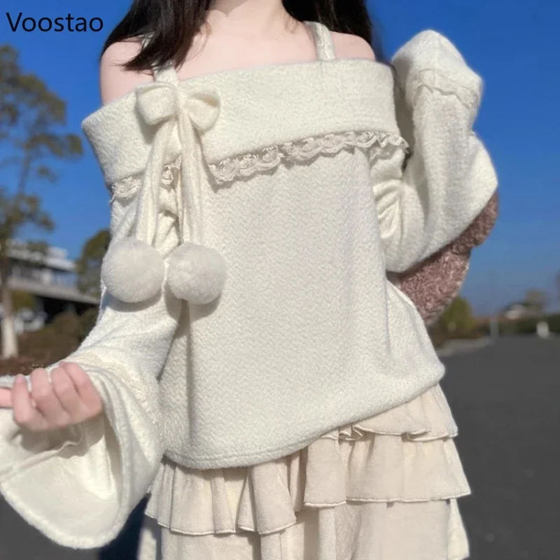Japanese Lolita Style Knitted Pullovers Women Sweet Y2k Hairball Bow Slash Neck Sweater Autumn Kawaii Off Shoulder Jumpers Tops