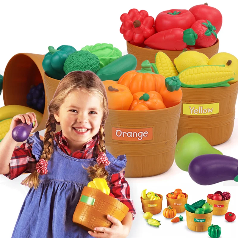 30 Pieces Color Sorting Kitchen Pretend Play Food Toy Set -Fruit&Vegetable Shapes Educational Learning Toy ,Toddlers , Kids gift