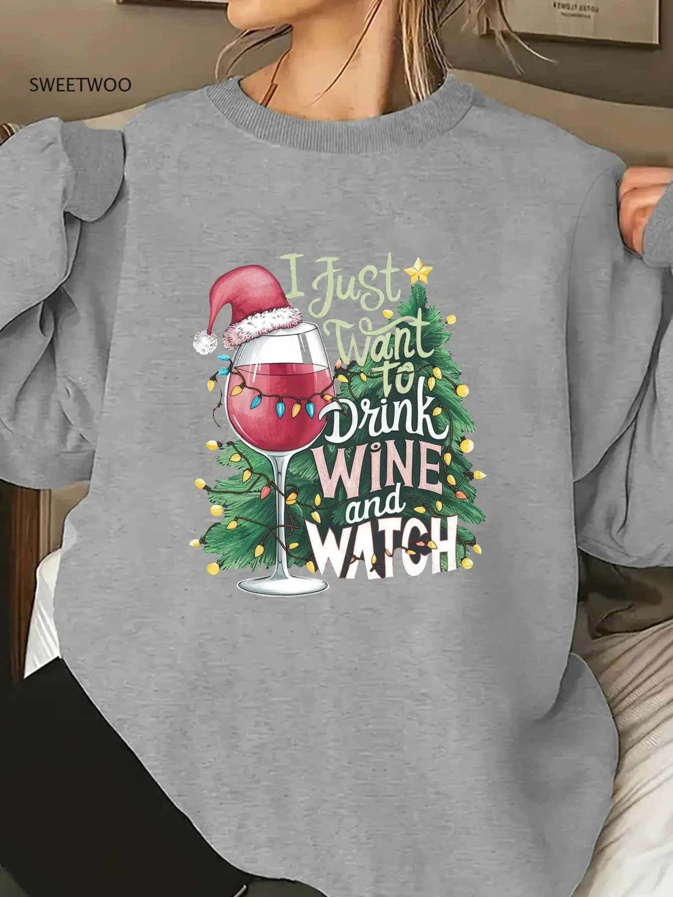 

Festive Holiday Graphic Print Crew Neck Sweatshirt,casual Knit Fabric with Christmas Santa Hat Design, Geometric Pattern