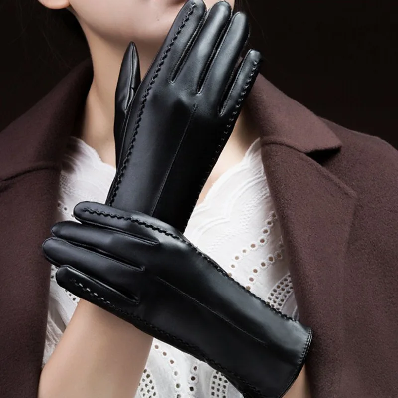 Guantes de cuero sintético para mujer, manoplas femeninas a prueba de viento, mantienen el calor, pantalla táctil negra, negocios, invierno,