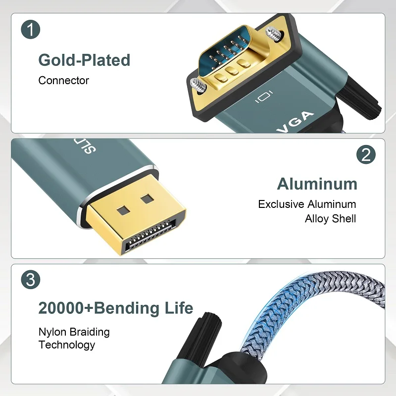 Adapter kabla Shuliancable DisplayPort na VGA, pozłacana wtyczka z nylonowym oplotem, Źródło DP na kabel wyświetlacza VGA 1080P