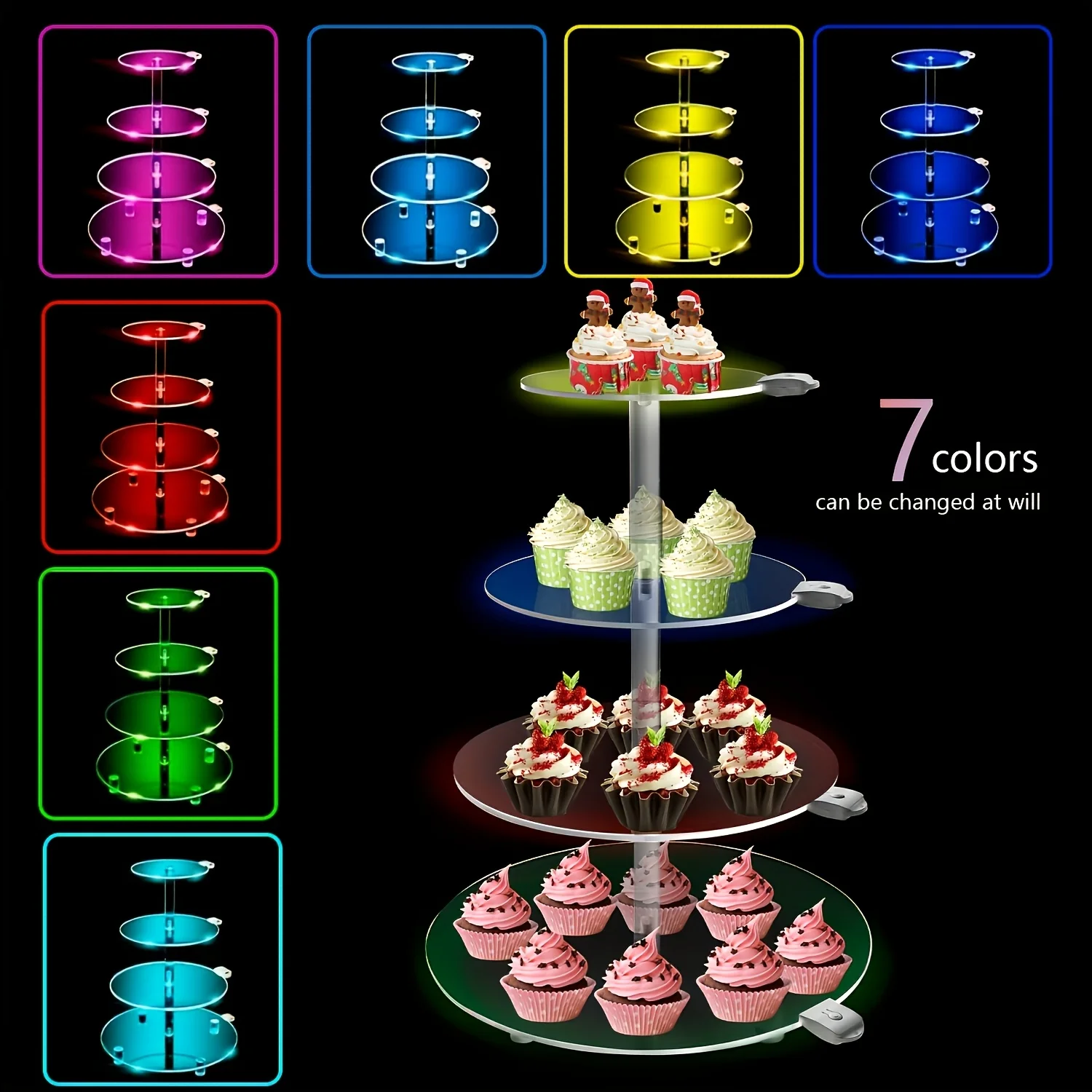 4 Tier Round Acrylic Cupcake Stand, Clear Cupcake Tower Stand with Led, Premium Acrylic Dessert Stand for Wedding Birthday Baby