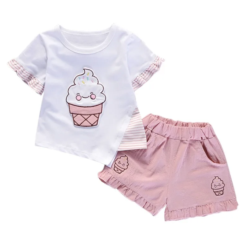 Top a maniche corte in cotone girocollo con stampa ciliegia a cono per ragazze + pantaloncini in due pezzi completo estivo per bambina di 1-5 anni