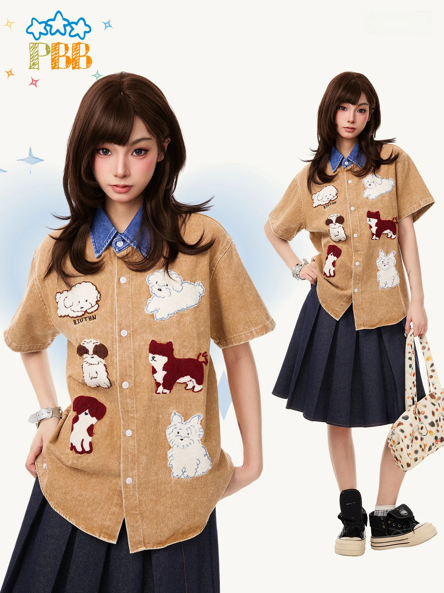 

PBB American Retro Dog Embroidery Shirt Women Loose Casual Commute Half Sleeve Blouse Jacket Summer Turn-down Collar Cotton P...