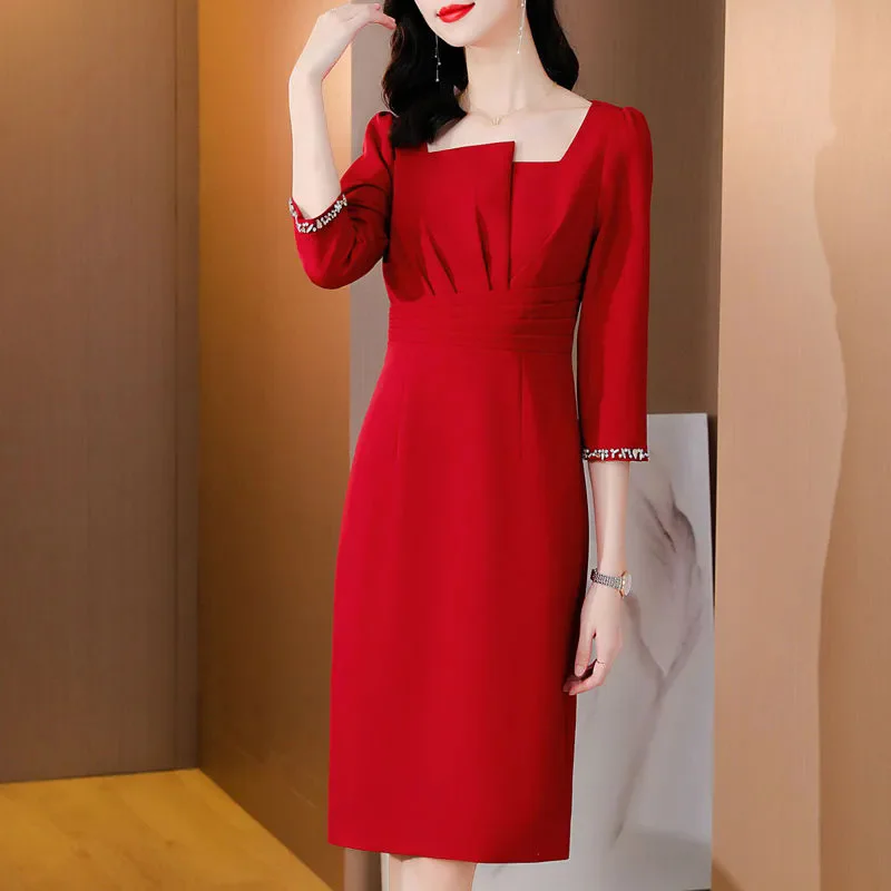 Three Quarter Sleeve Dress For Autumn 2025 New High-End Square Collar Style Slim Fit Slimming Nail Bead Wrapped Dresses For Wome