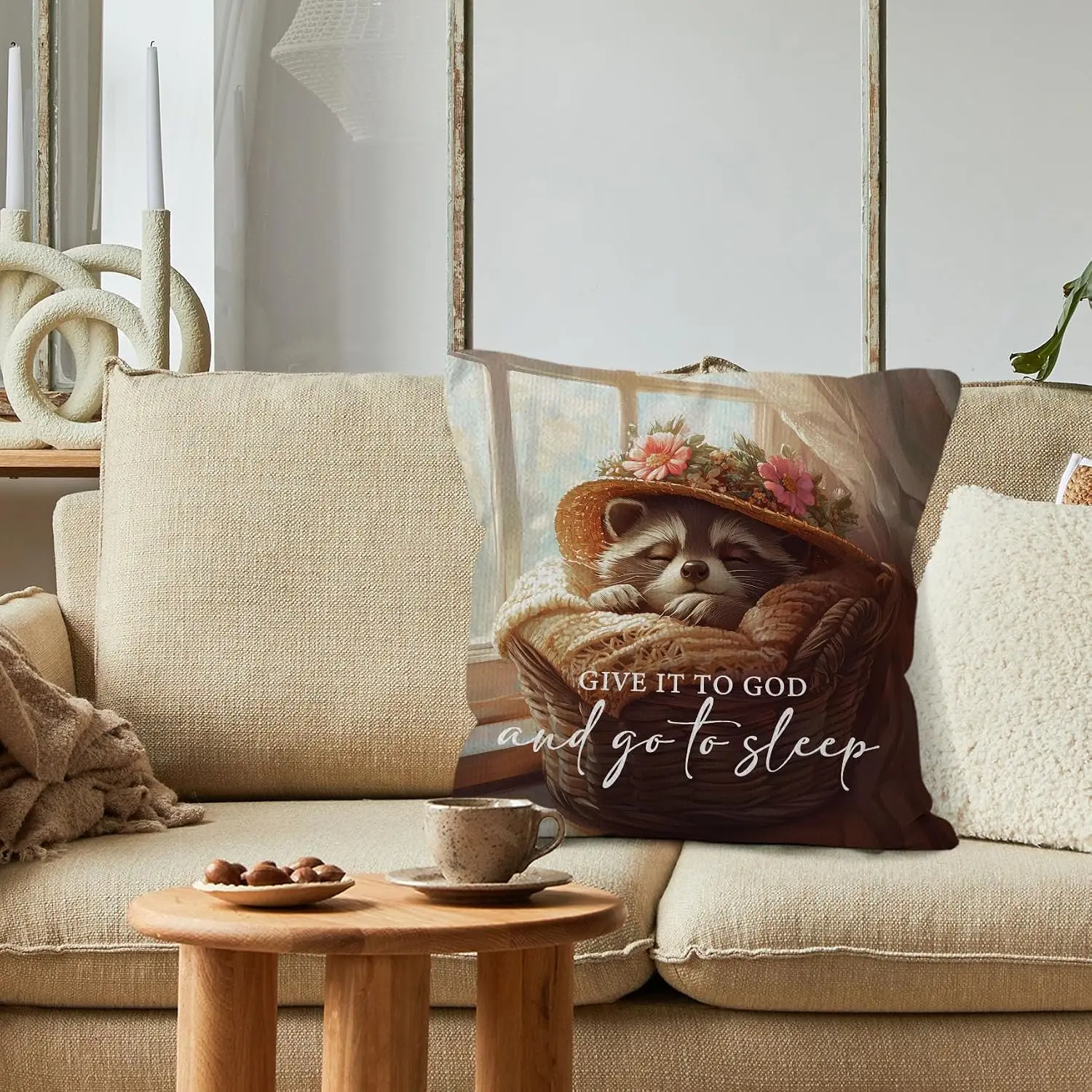 Cute Raccoon Sleeping Pillowcase Throw Cushion Cover 18x18 Inch Nursery Decor Funny Pet Lover Gift for Bedroom Home Accent Art