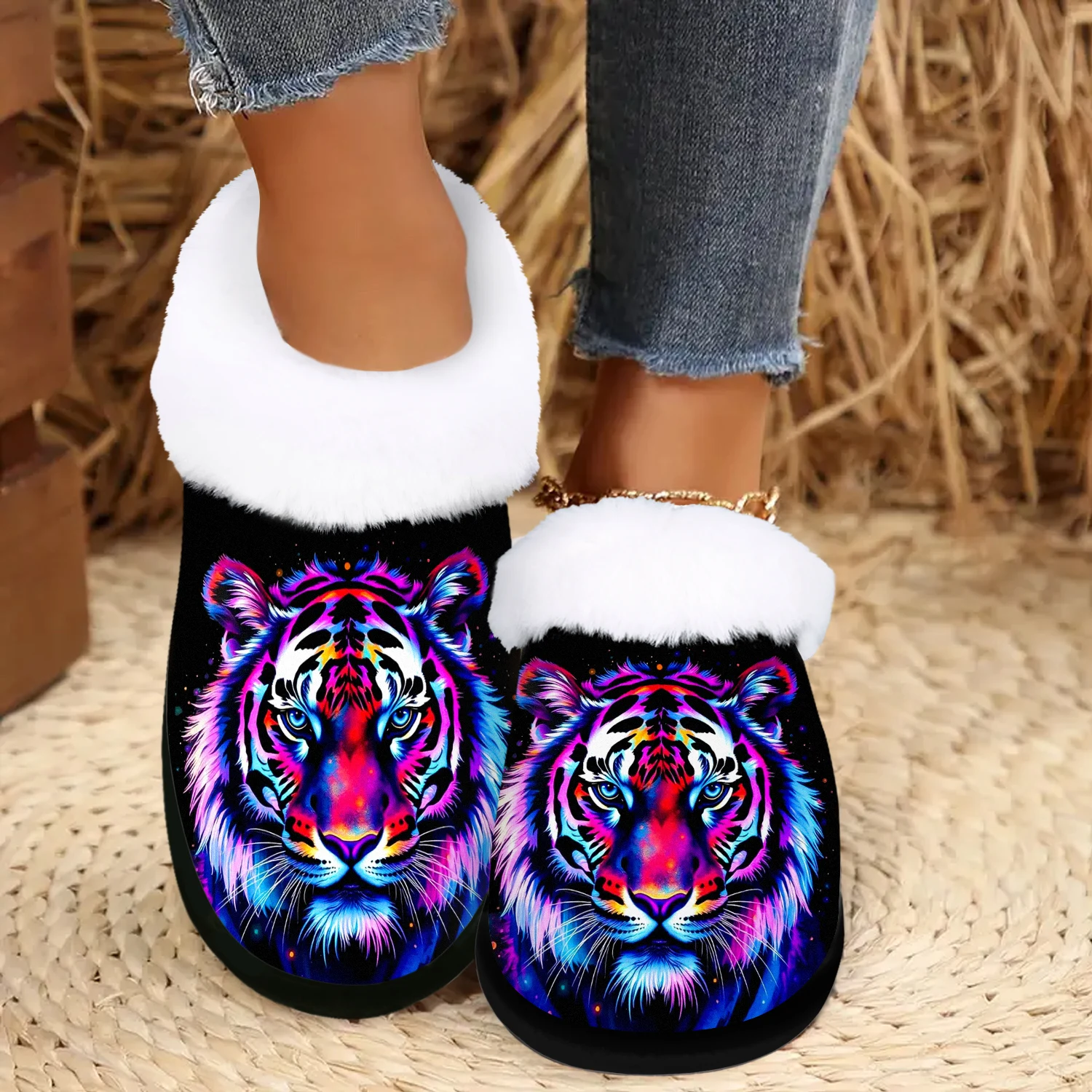 

Women'S Slip-On Slippers with Vibrant Tiger Face Print - Plush Indoor House Shoes, Non-Slip Rubber Sole, Warm Winter Footwear
