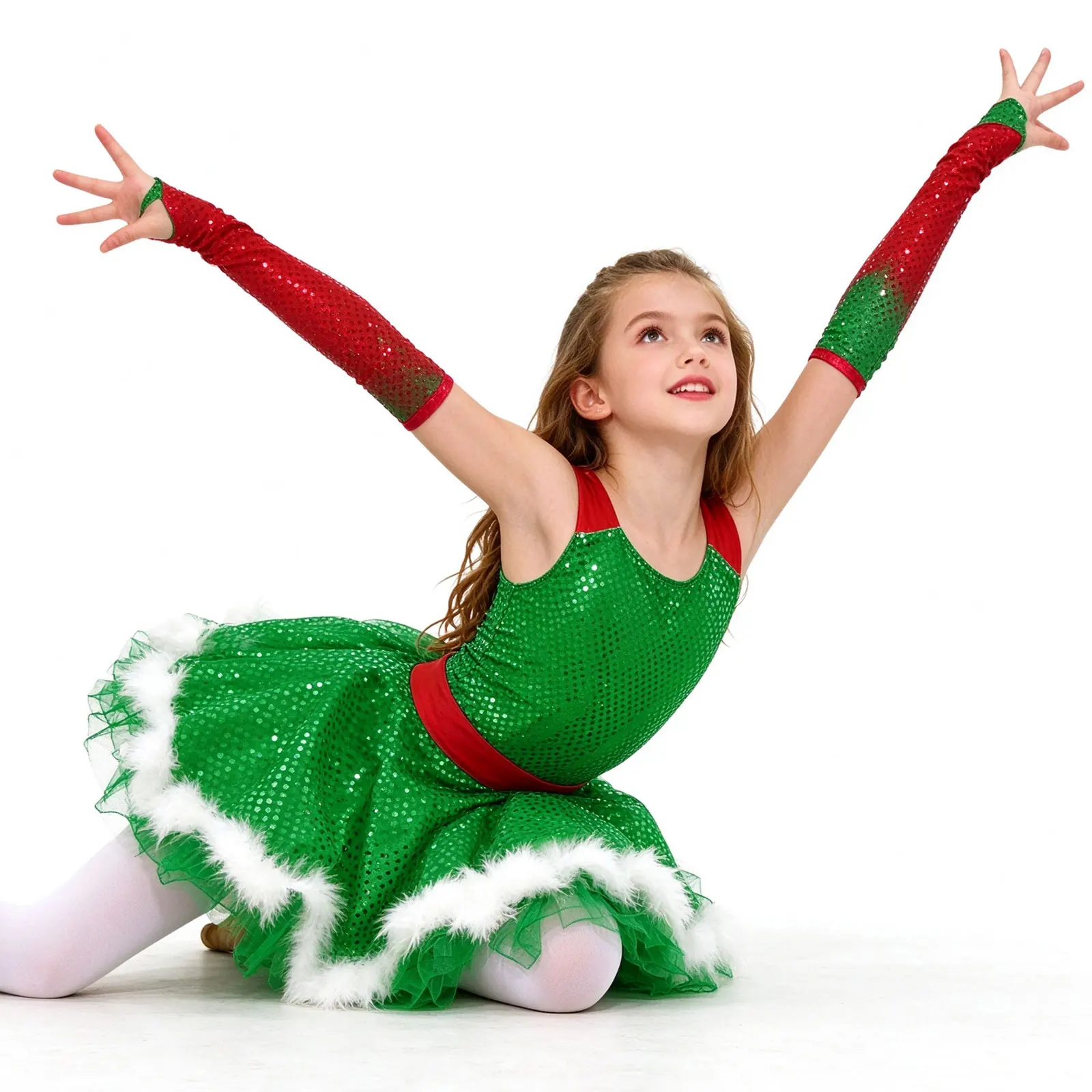 Kids Girls Christmas Ballet Dance Tutu Dress Figure Skating Leotard Tutu+Gloves Holiday Carnival Party Snowman Costume Dancewear