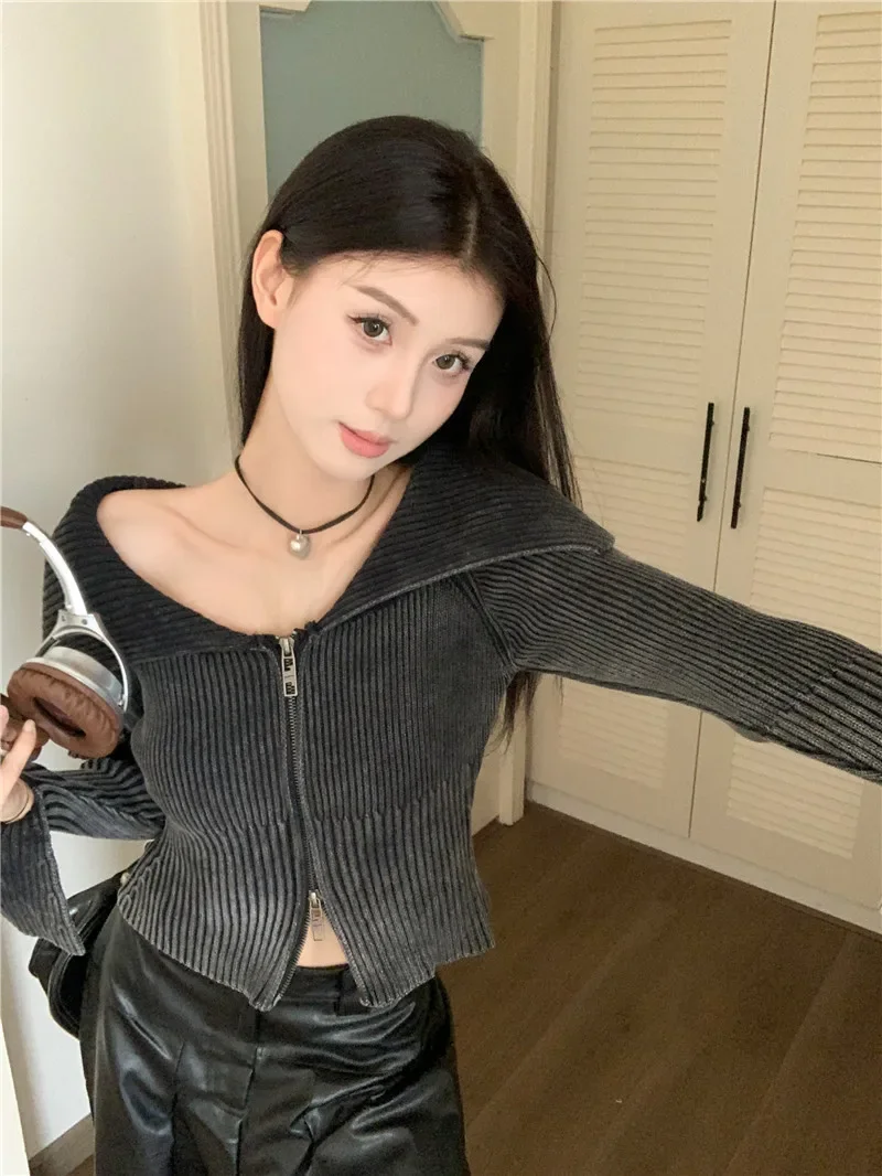 Gradient One Shoulder Knitted Shirt Women\'s Double Zipper Short Top Cropped Cardigan Coat Sexy Sweater