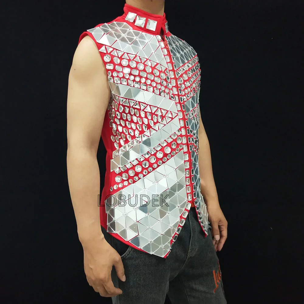 Shiny Mirror Rhinestones Waistcoat Sequin Crystal Vest Coat Male Singer Bar Concert Stage Performance Drummer Dance Costume