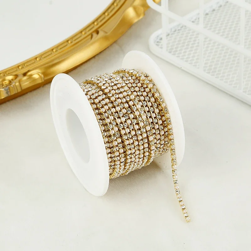 PEESOM ABS Parel Strass Kettingversiering voor Naaien SS4.5-SS16 Strass Parel Dichte Kristallen Cupketting in Goud/Zilver
