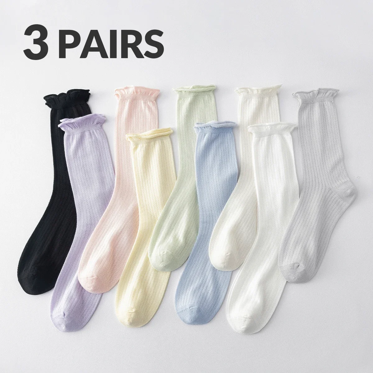 

3 Pairs of Women's Summer Solid Color Mesh Breathable Rolled Edge Socks with Sweet College Style Spring Autumn Mid Tube Socks