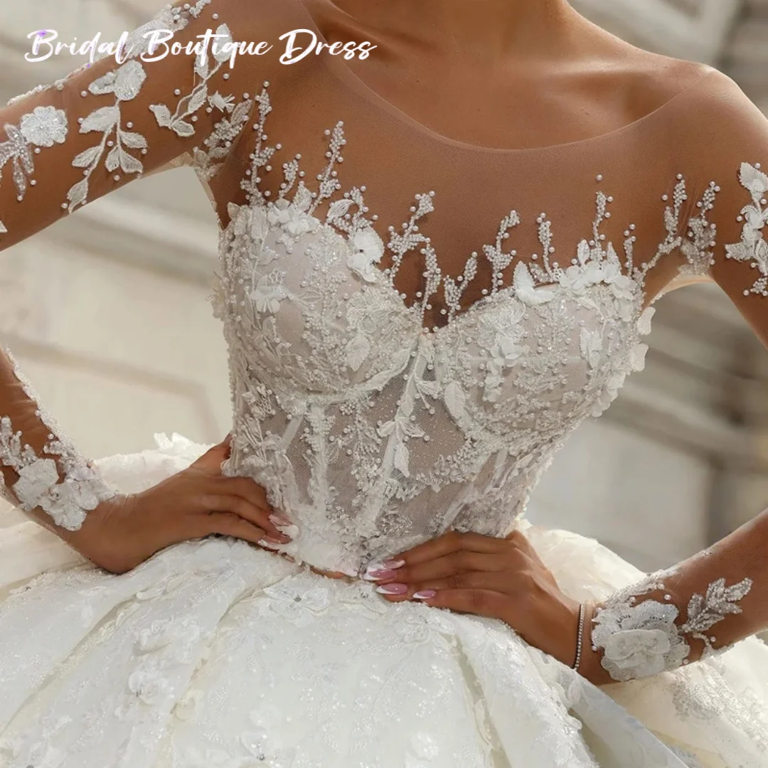 Maßgeschneiderte Luxuriöse U-Ausschnitt Langarm Ballkleid Hochzeit Party Kleid Perlen Applikationen Brautkleid Zug Vestido De Noiva