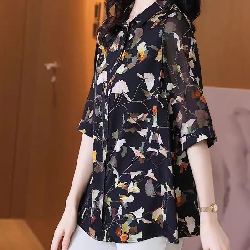 Summer New POLO Collar Fashion Long Sleeve Shirt Women High Street Casual Loose Button Cardigan Printing Elegant All-match Tops