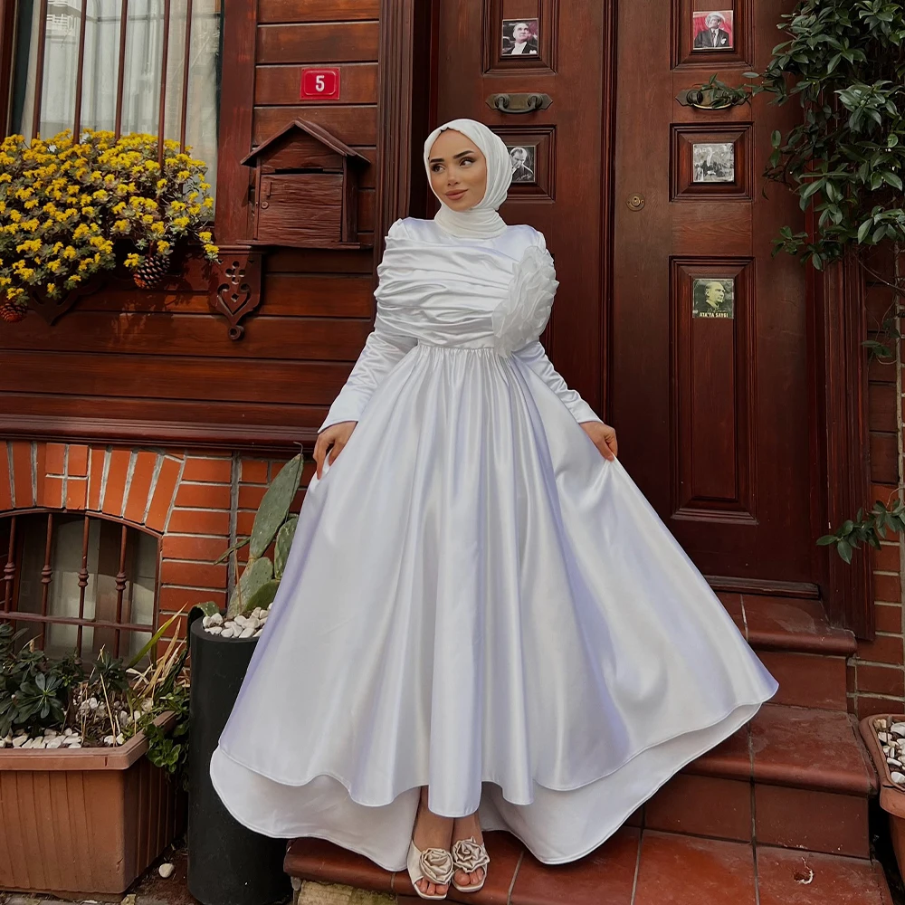 

Muslim Hijab Wedding Dresses High Neck Long Sleeves Bride Dress with 3D Flower A-Line Bridal Gown Customized robes de soirée