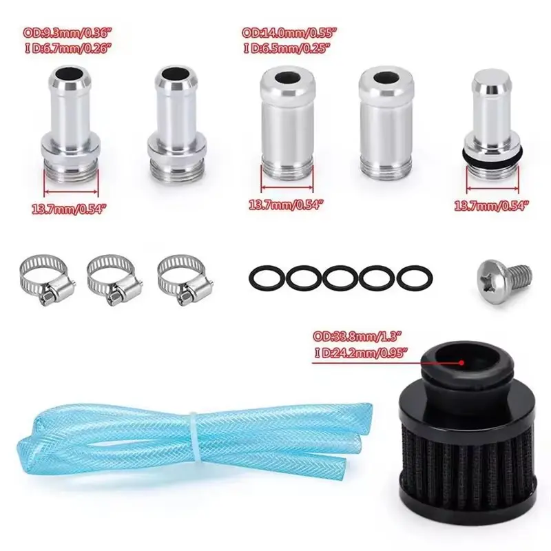 Aluminum Oil Catch Tank Set(2L) With Breather Filter, Polished Round Oil Separator Can 2 Port Car Engine Oil Drainage Container