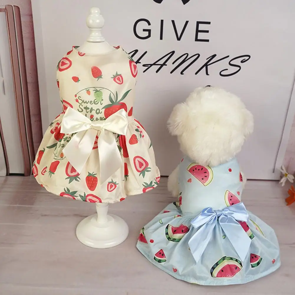 Summer Dog Dresses Sweet Ribbon Bowknot Cats Dogs Sleeveless Dress Watermelon Strawberry Fruit Print Kitten Puppy Skirt