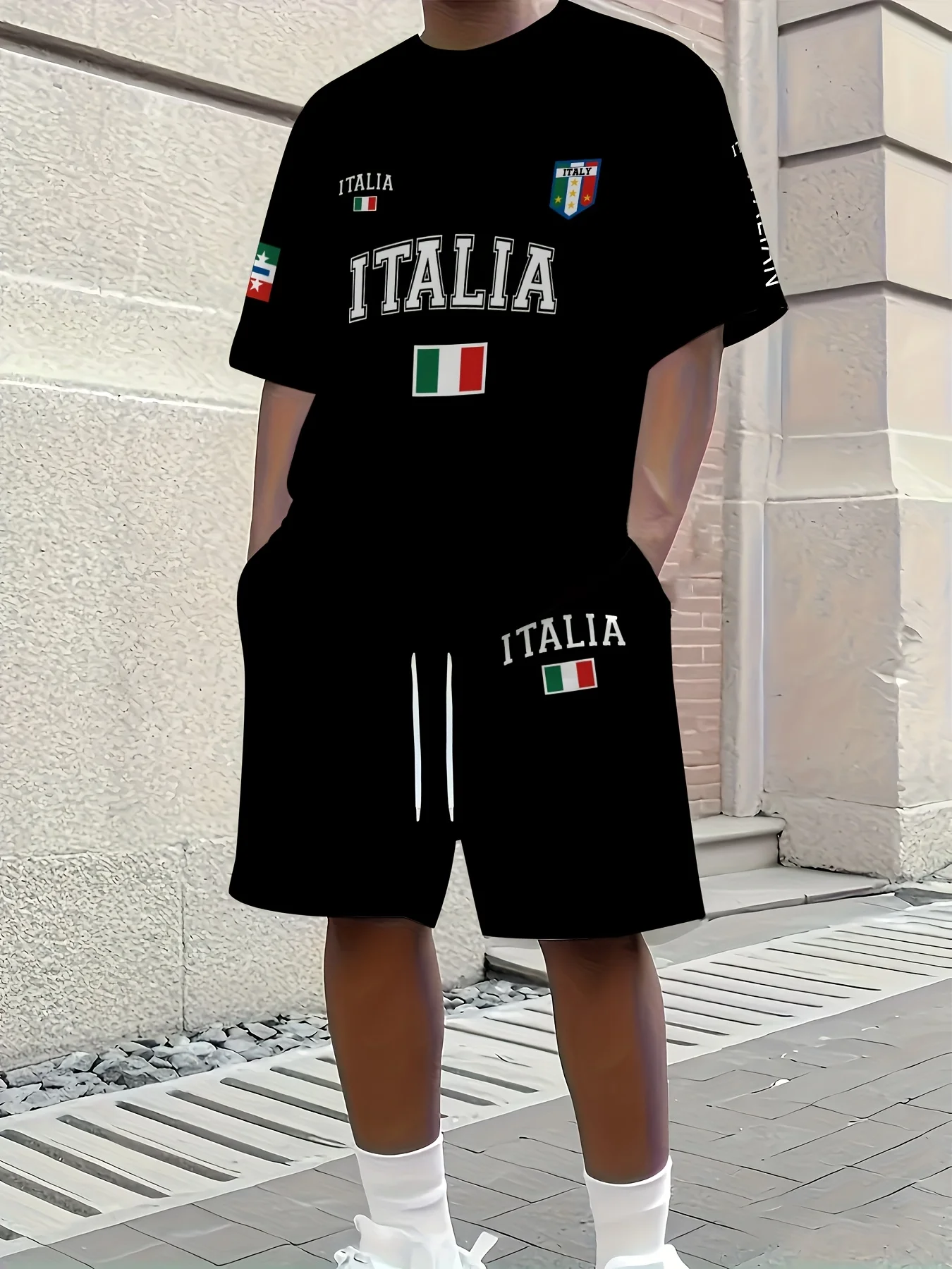

New Men's Summer Italian Letter Printed Comfortable Breathable Round Neck T-shirt Drawstring Shorts Set Outdoor Casual Clothing
