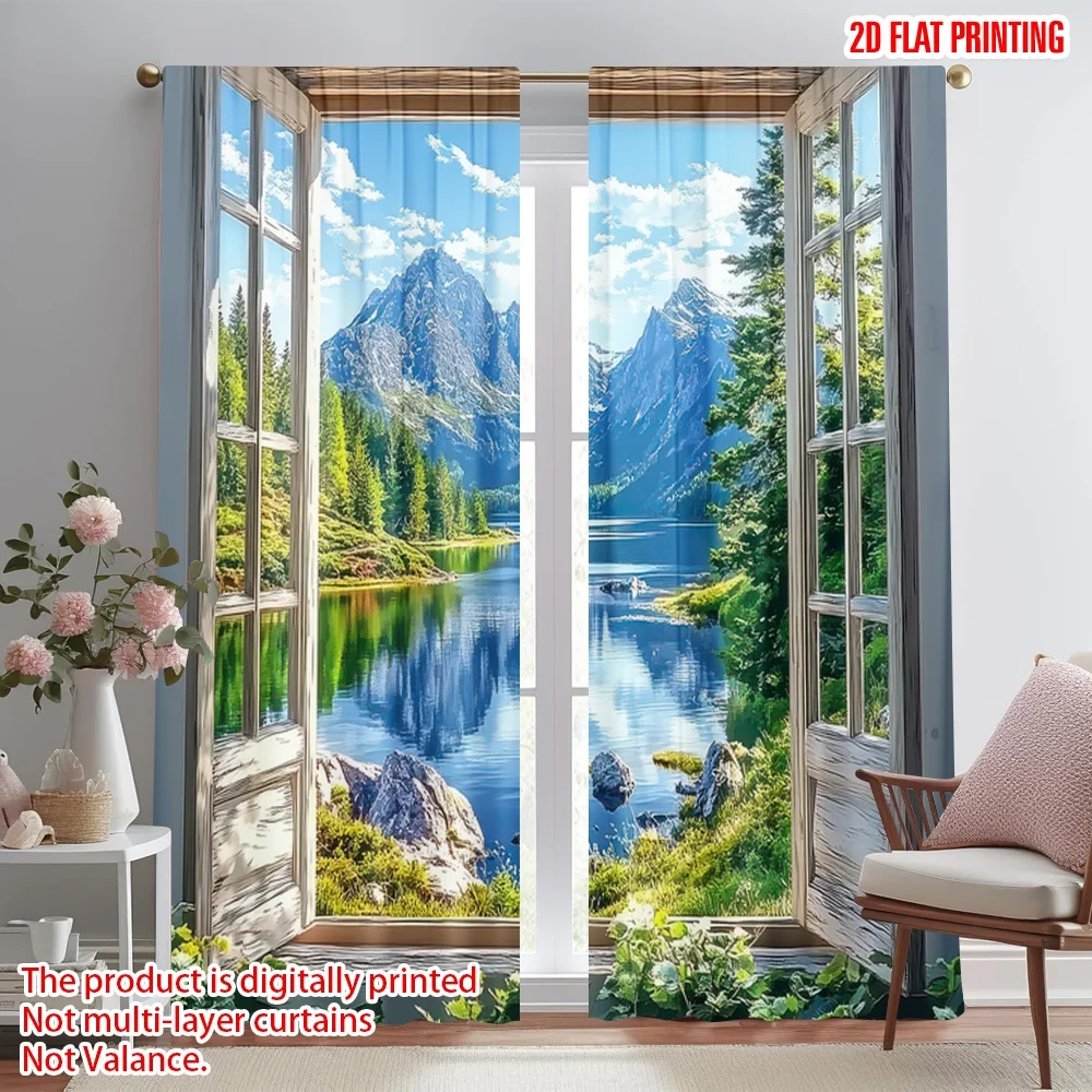 

2D flat printing 2pcs Curtain to Mountain View Digital Printed Polyester Drapes Seasonal Party & Holiday Decor Use for Indoor