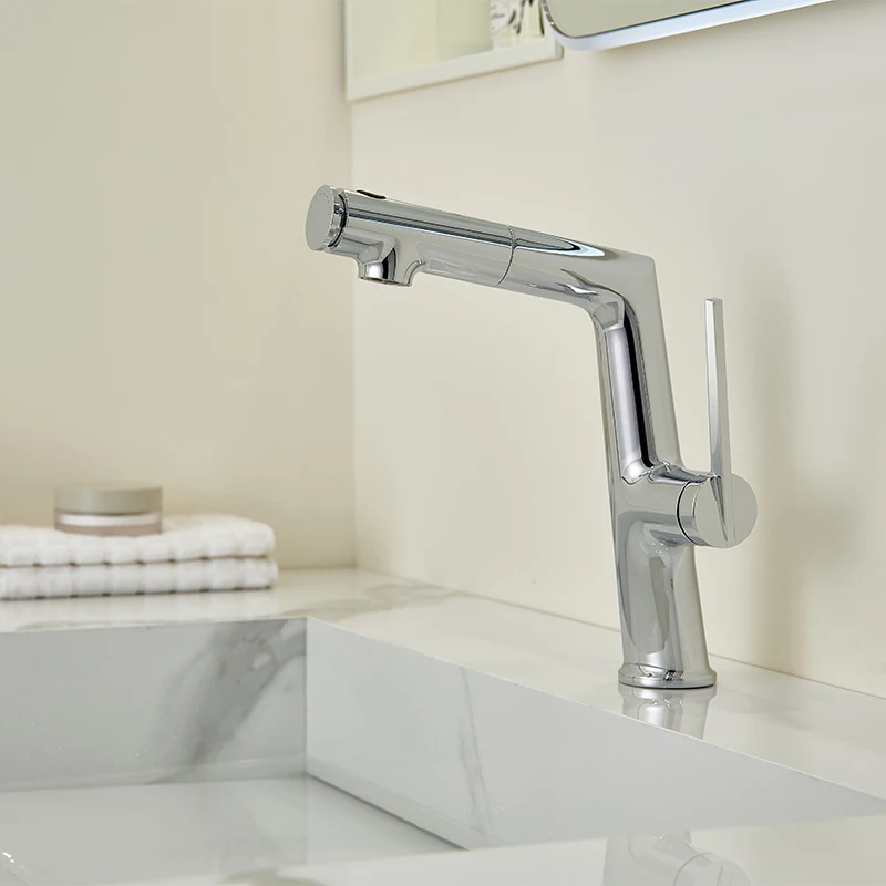 Bathroom Pull Down Sink Faucets Deck Mounted 3 Modes Basin Sink Faucet Single Handle Hot and Cold Mixer Taps Chrome