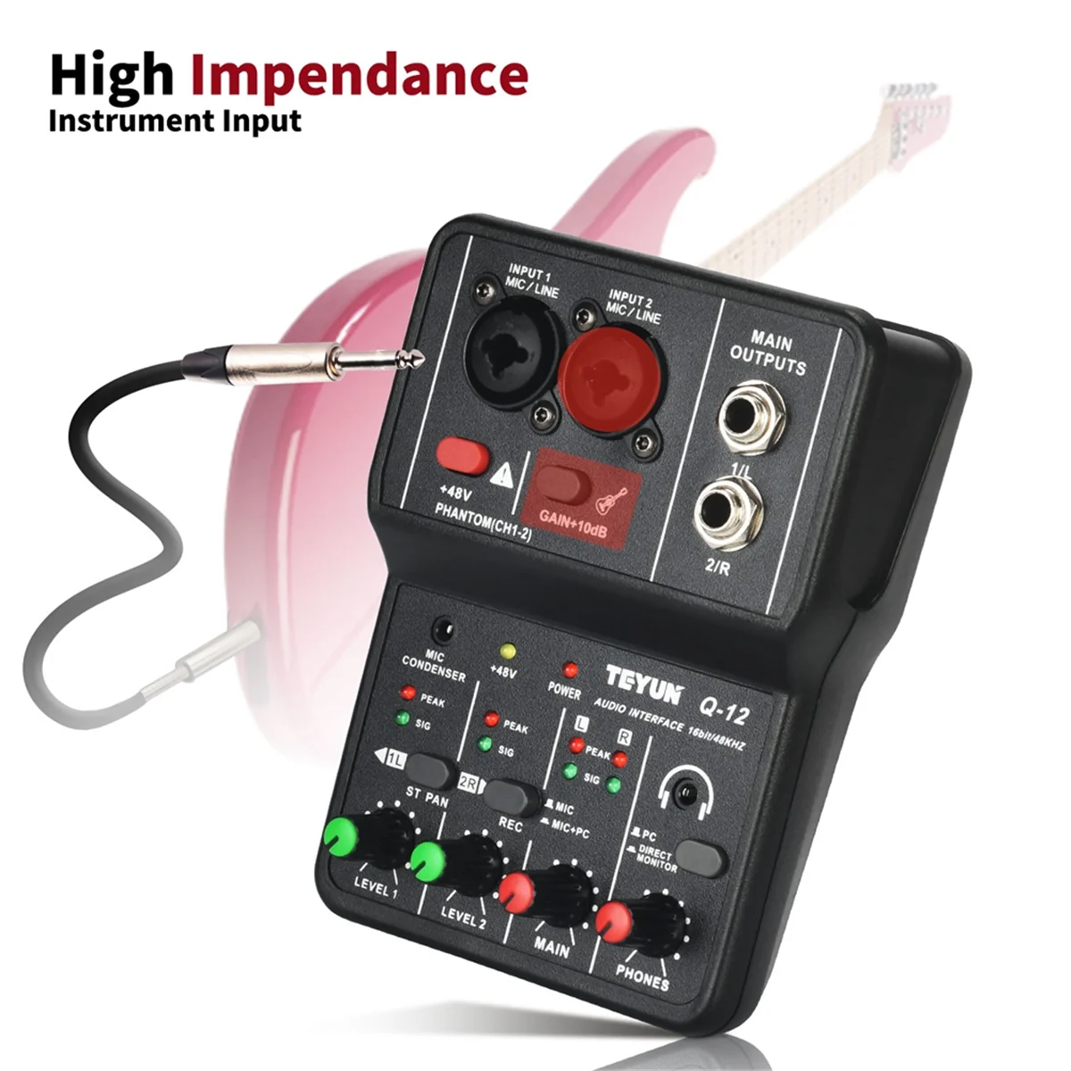 BFYLW TEYUN Q12 คอมพิวเตอร์บันทึกเสียงการ์ด 16Bit/48KHZ การ์ดเสียงแบบพกพาผสมสําหรับกีตาร์ Home Studio Music Pro Q12