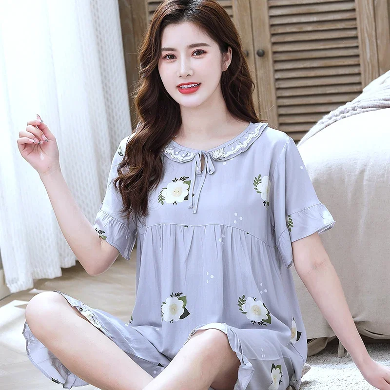 

Women Pajama Sets Summer Thin Short Sleeve Tops and Knee Length Trousers Loose Breathable Sleepwear O-neck Sweet Female Homewear