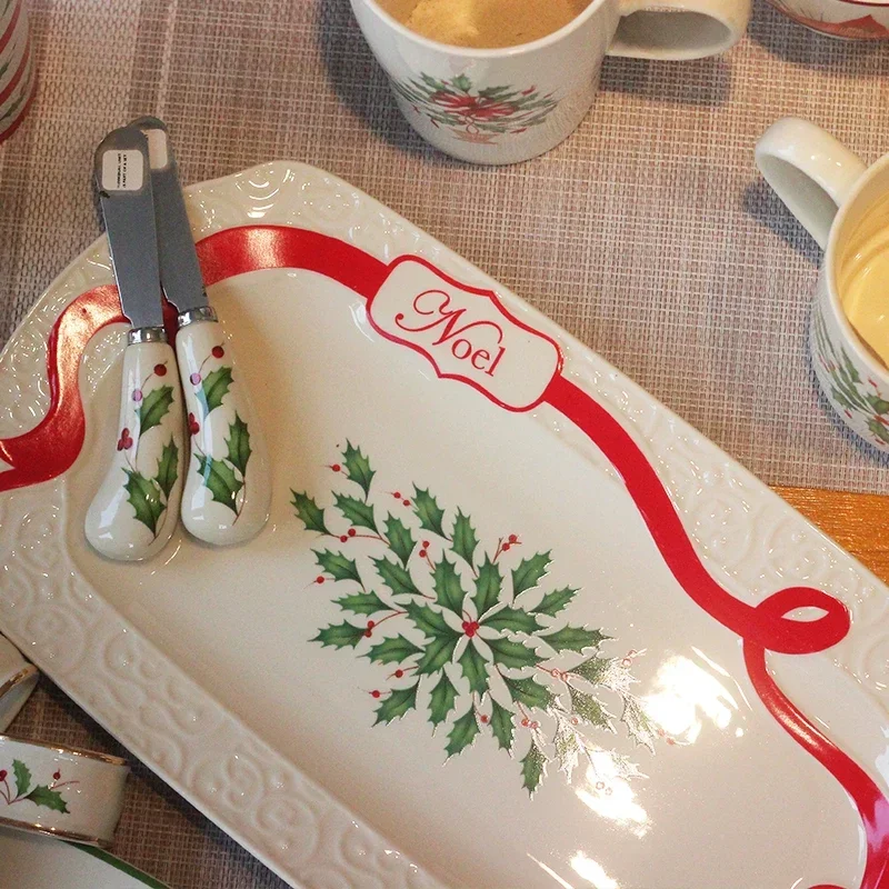 

Holiday Winter Leaf Green Red Berry American Ceramic Tableware Plate and Bowl Water Cup Dish