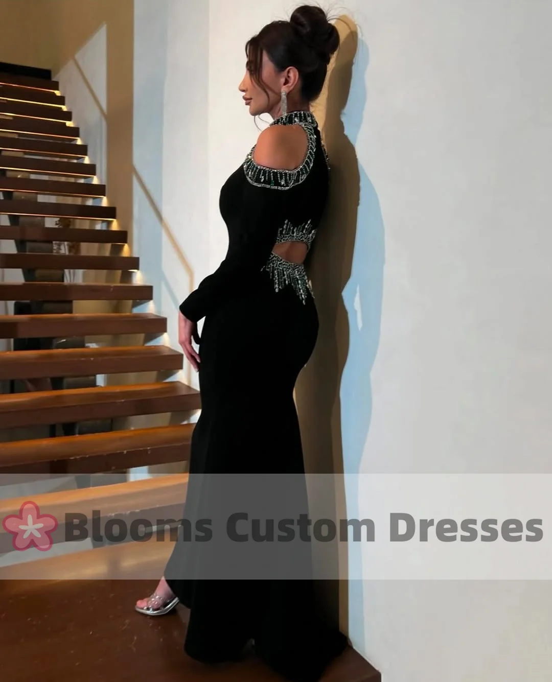 Blooms Customized Cut-out Beaded Evening Dress Black Sexy Prom Dress Long Sleeve Off-Shoulder Arabia Elegant Party Formal Gown