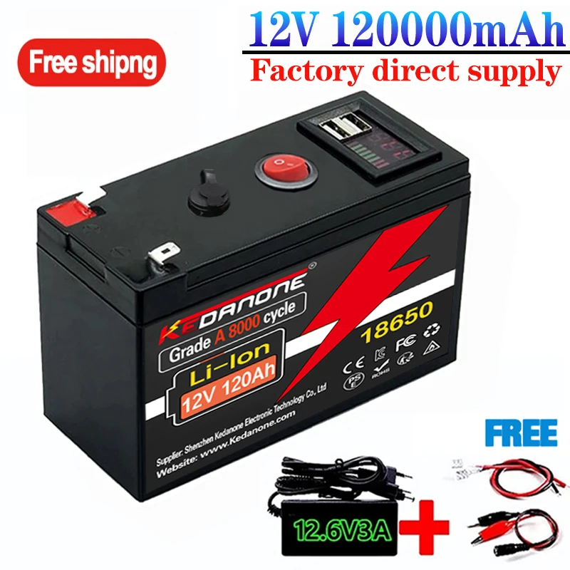 12V Battery 120Ah 18650 Rechargeable LiFePO4 Lithium Battery Built-in 5V 2.1A Usb Power Display Port Charger+12.6V 3A charger