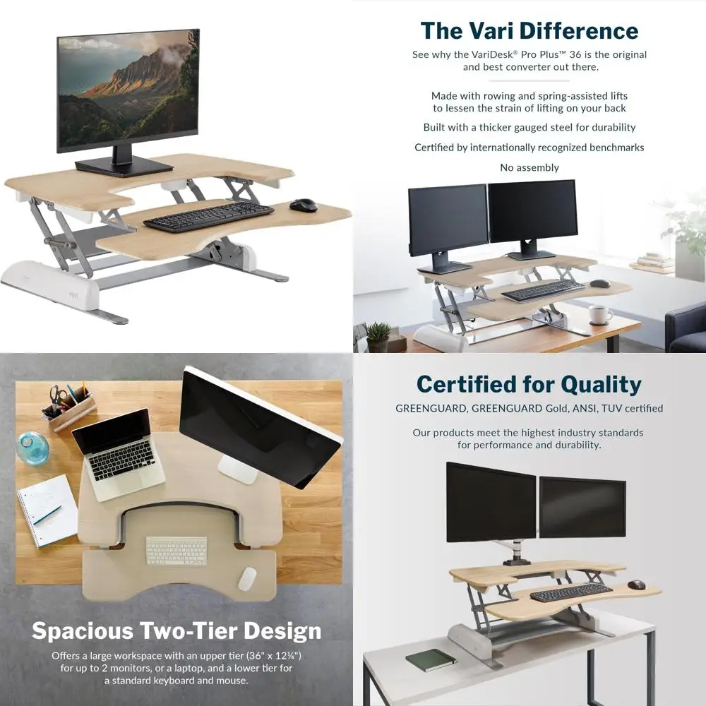 محول مكتب قائم قابل للتعديل مقاس 36 بوصة من VariDesk Pro Plus مع 11 ارتفاعًا، ورفع بمساعدة زنبركية، وتصميم ثنائي الطبقة، ولوحة مفاتيح
