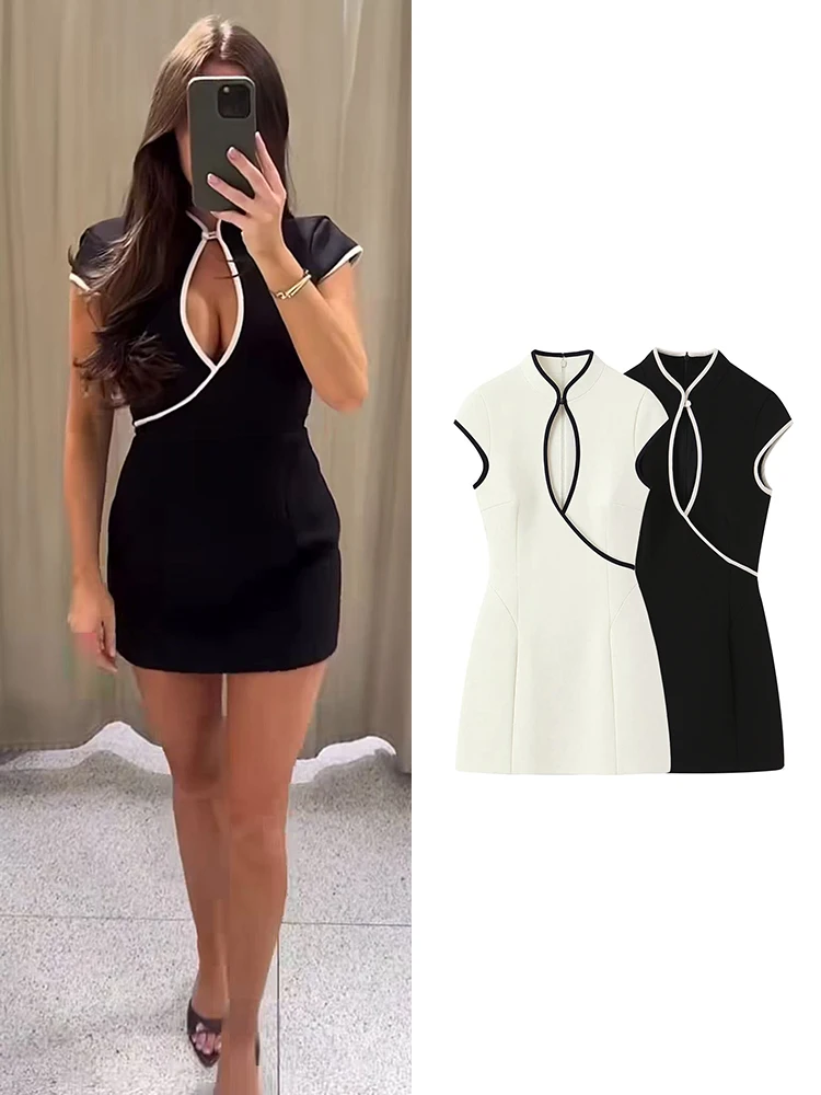 TFMLN Neuestes Damen Kurzarm-Minikleid Schlankes Modisches Aushöhl-Design Kontrastfarben Sexy Club-Party-Kleidung 2026 Damenmode