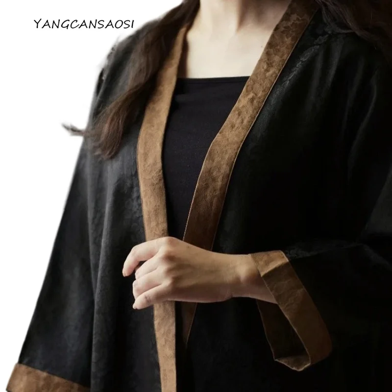 

Women's Luxury Quality Sense 100% Natural Mulberry Silk Jacquard Black Gambiered Guangdong Gauze Loose Fashionable Jacket