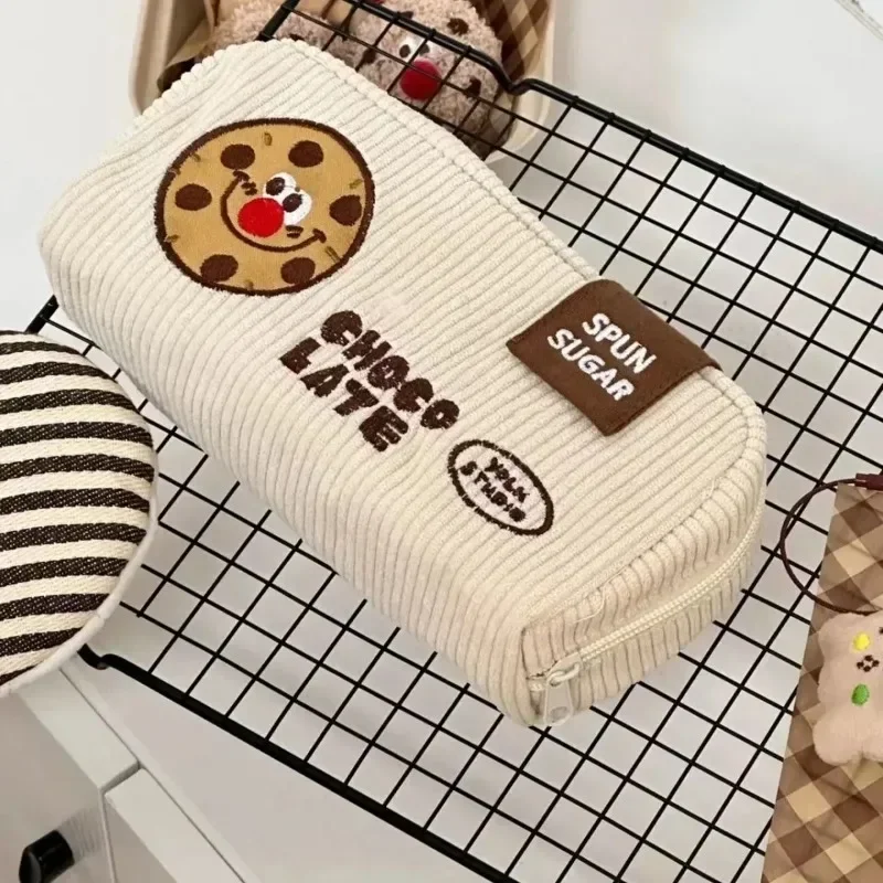 Estuche de lápices de dibujos animados de Pu de felpa Retro, lindo estuche de galletas, papelería para estudiantes, suministros escolares, bolsa de lápices de alta capacidad, bolsa Kawaii