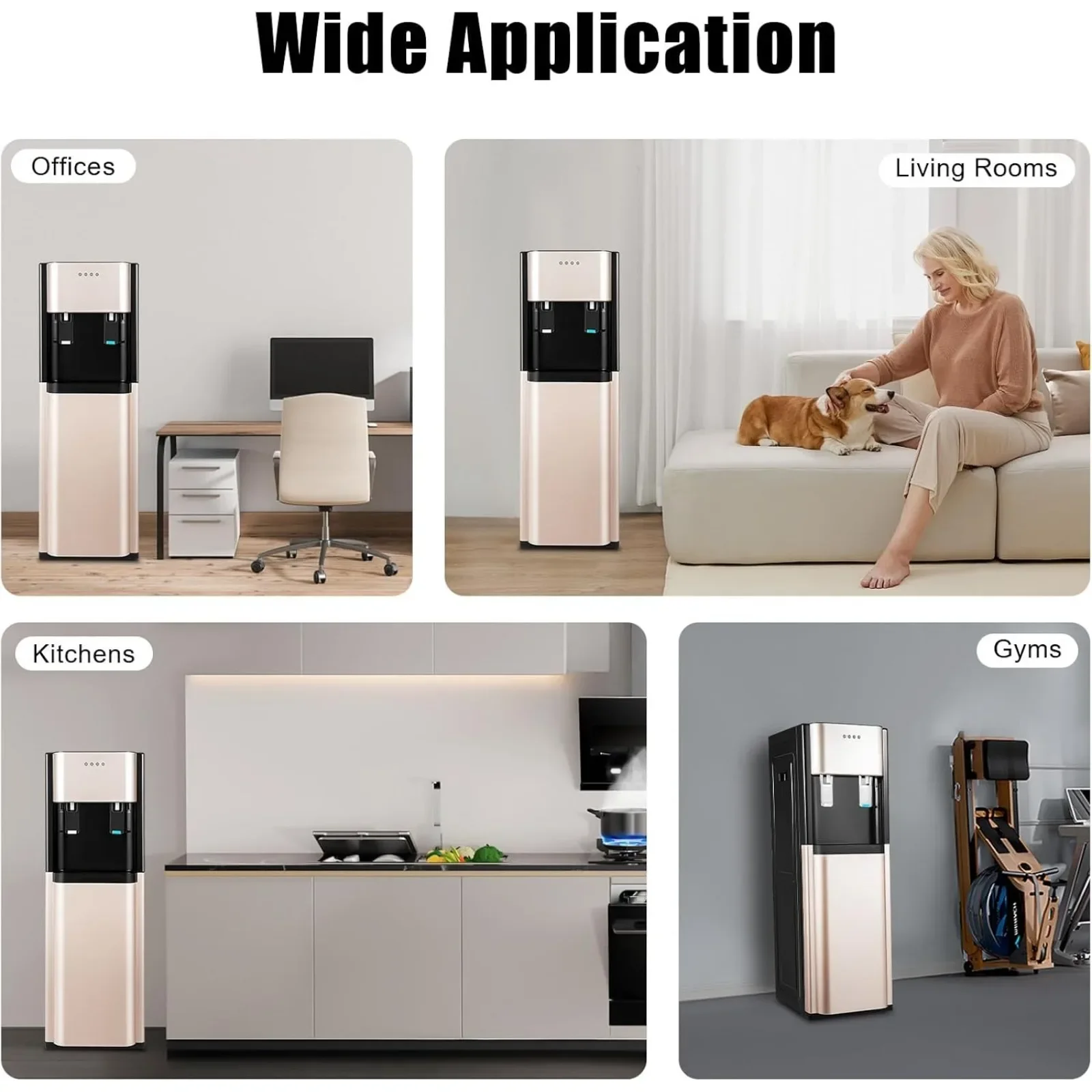 Dispensador de agua fría y caliente con carga inferior, enfriador de agua de 5 galones, 3 temperaturas con caliente, habitación + caños fríos (oro)