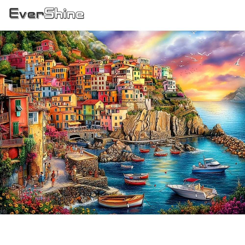 EverShine Diamant-Mosaik Meereslandschaft Vollquadrat-Gemälde Haus Strass-Stickerei Bild Boot Berg Heim-Dekoration