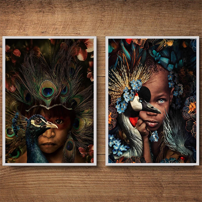 

African Girl Flower Peacock Canvas Painting Vintage Black Girl Poster and Print Abstract Figure Painting for Home Wall Decor