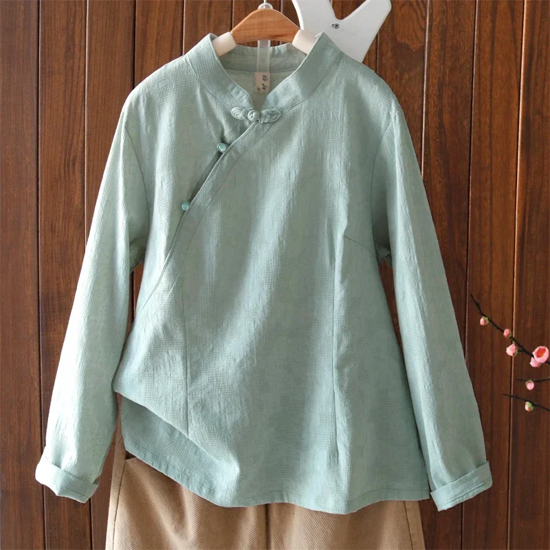 

Women's Light Green Chinese Style Frog Button Mandarin Collar Long Sleeve Linen Blouse Top