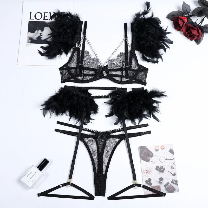 

Bikini Feather Sexy Underwear Lace Transparent Mesh Suit Temptation Women with Chain