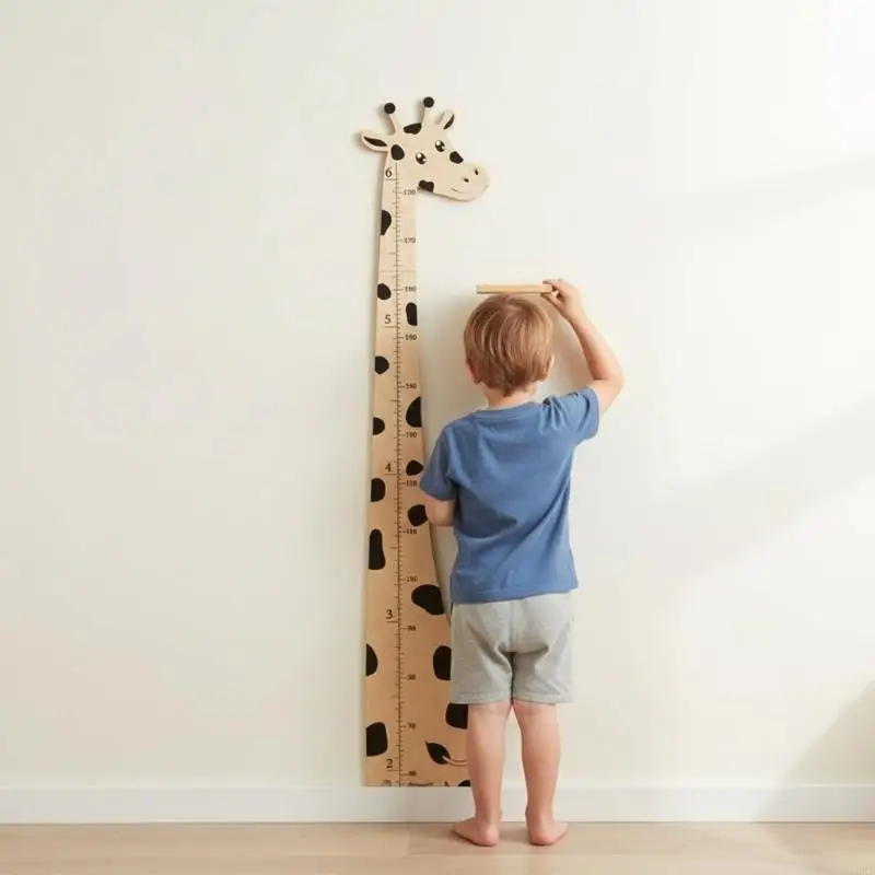 Elegant Wooden Giraffe Growth Chart Kids Height Ruler Nursery Decoration 55KF