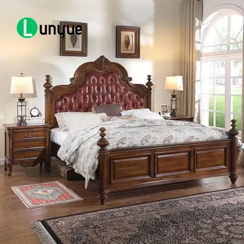 Luxury American Style Pine Leather Bed European Design Durable Customizable Size Elegant Master Bedroom Villa Wedding