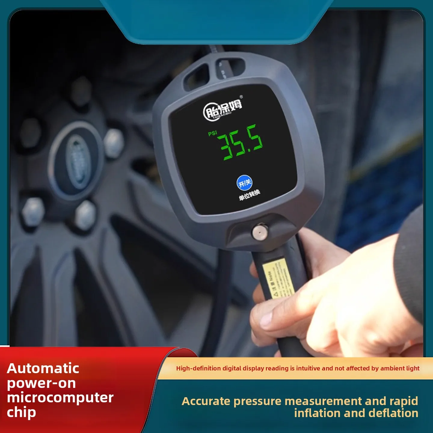 Precyzyjny cyfrowy elektroniczny manometr do opon samochodowych z pistoletem do pompowania i miernikiem ciśnienia powietrza.