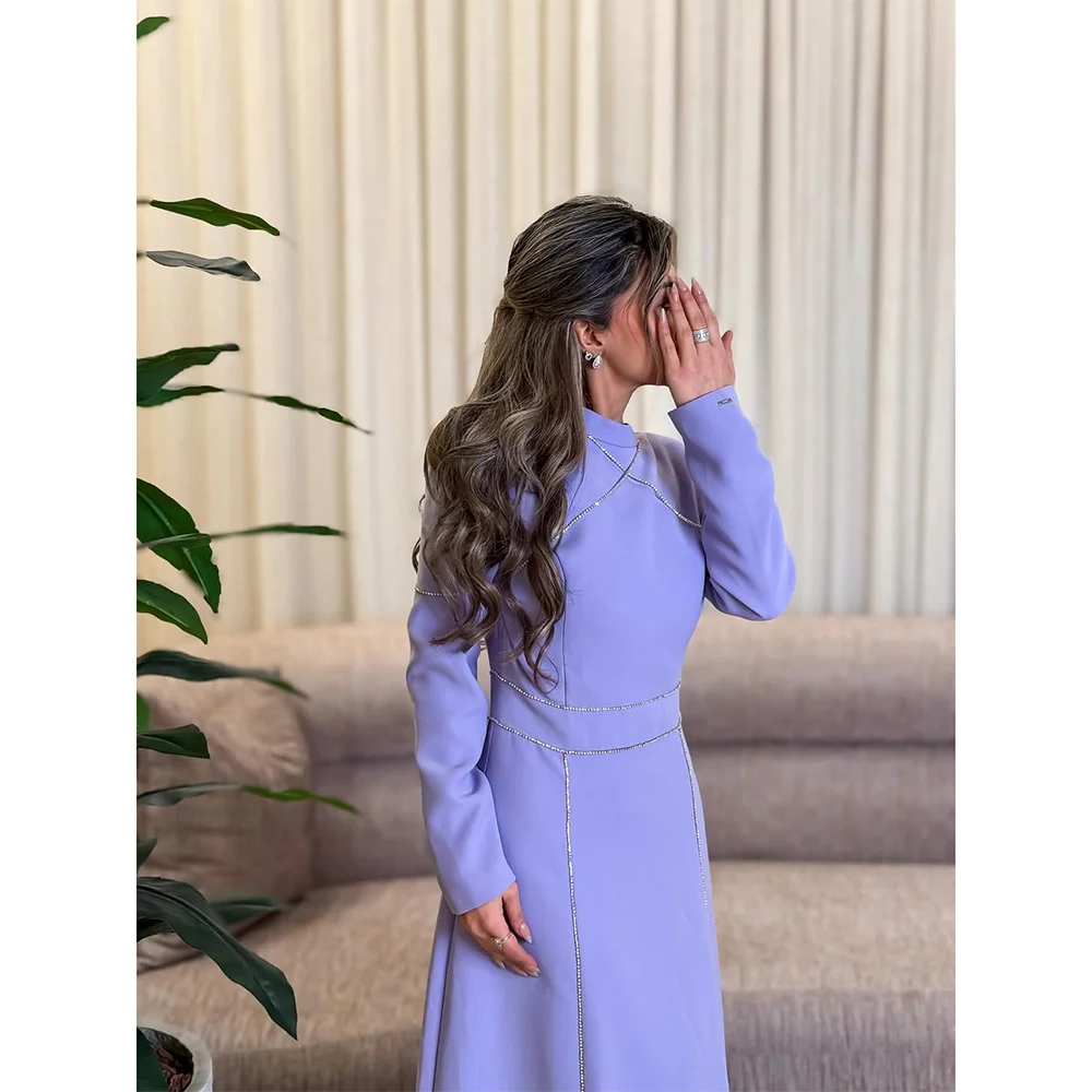 

Long Sleeves Evening Dress Customized O-Neck Sequin Floor Length Jersey Saudi Arab Prom Gown Arabian Formal Dresses
