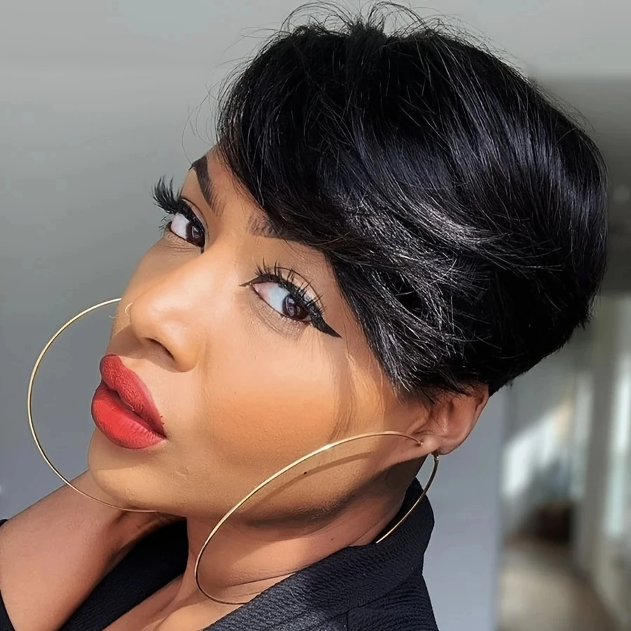 여성용 앞머리가 있는 직선 짧은 픽시 컷 가발 인모 가발 전체 기계 제작 가발